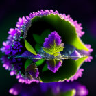 Vibrant green flower with purple pollen on reflective surface surrounded by purple blooms and green leaves.