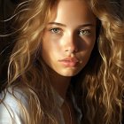 Blue-eyed woman with wavy hair and orange embers in shadowy setting