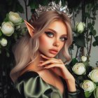 Digital art portrait of an elfin woman with pointed ears and delicate crown amidst ethereal flowers.