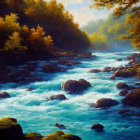 Tranquil landscape with misty turquoise river and lush green hills