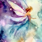 Whimsical fairy with vibrant wings and glowing orb in celestial watercolor