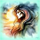 Vibrant abstract art: Woman with flowing, colorful hair on vivid backdrop