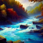 Serene forest river with sunlight and autumn trees