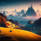 Surreal alien landscape: orange sands, towering rock formations, multiple moons.