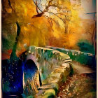 Fantasy landscape: waterfall, ruined castle, autumn trees, sunlight, icicles