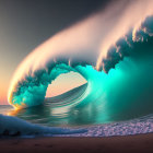 Surreal image: wave with circular hole reveals another wave at sunset