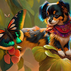 Small Dog with Black and Tan Fur and Beaded Necklace Watching Butterfly on Branch