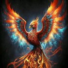 Majestic phoenix with fiery wings soaring in dark cosmic background