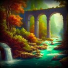 Fantasy landscape with ancient ruins, arched doorways, stone bridge, and mystical light