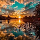 Colorful sunset painting with river, stepping stones, red foliage trees, and dramatic sky