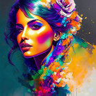 Colorful digital portrait: Woman with blue hair and orange floral accents in abstract design.