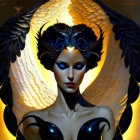 Dark-haired woman with angelic wings in digital art piece.