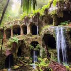 Mystical forest scene with ancient stone arches, waterfalls, lush vegetation