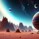 Alien planet sci-fi landscape with rocky spires and celestial sky