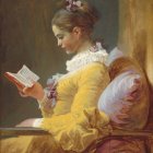 Classic Painting: Serene Woman in Yellow Dress Reading Book with Teapot and Flowers