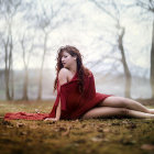 Woman in red dress with umbrella in fantastical forest setting