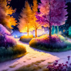 Colorful illuminated trees and starlit sky in vibrant night scene