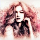 Woman with flowing hair in vibrant red and brown watercolor splash background