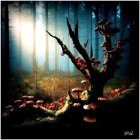 Enchanting forest scene with glowing flowers and fireflies