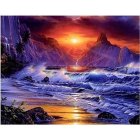 Mystical waterfall painting with ruins, rocks, sunset sky