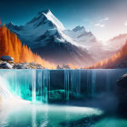 Digital artwork of magical landscape with waterfall, trees, mountains, and luminous birds