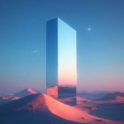 Monolithic mirror in snowy landscape reflecting sky at sunrise or sunset