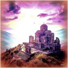 Purple-hued castle ruin surrounded by golden foliage and arches under starry sky