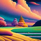 Colorful landscape with rolling hills and vibrant trees under a sunset sky