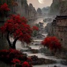 Fantasy landscape with rock formations, mushroom trees, lake, and twilight sky