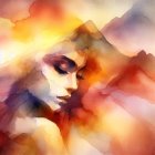 Vibrant painting of woman with fiery hair and cool blue background