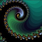 Spiral structure with green and blue layers, golden moss, crystals, and rocky border.