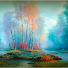 Scenic landscape painting: tranquil lake, colorful trees, snow-capped mountains