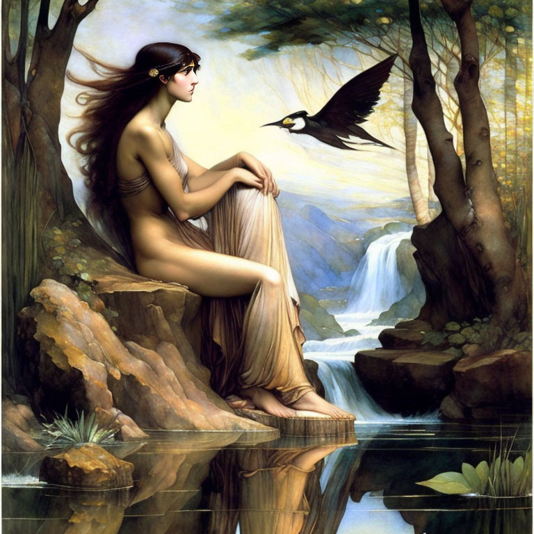 Tranquil painting of woman by waterfall with bird in lush forest