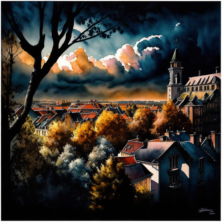 Scenic town painting with clock tower and cloudy sky