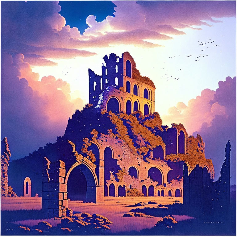 Colorful Fantastical Ruin at Dusk with Purple Foliage and Dramatic Sky