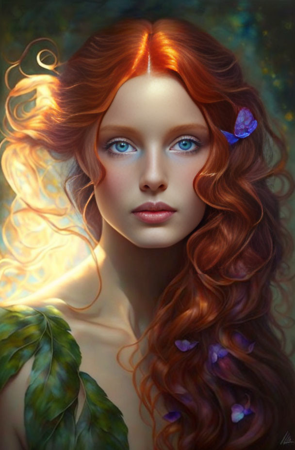 Digital Artwork: Woman with Blue Eyes, Red Hair, and Floral Adornments