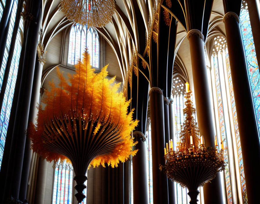 Orange Tree Sculpture in Gothic Cathedral with Chandeliers