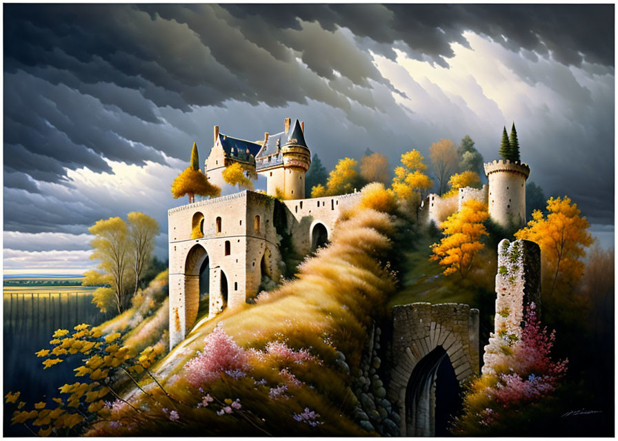 Castle surrounded by autumn trees on hill under dramatic sky