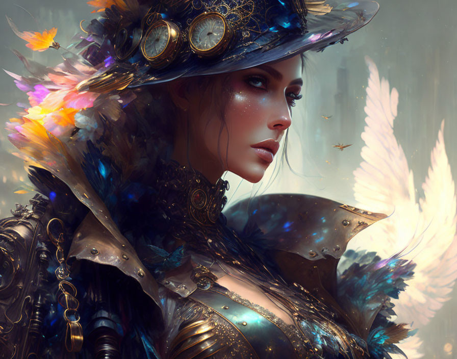 Steampunk-inspired portrait of a woman in intricate armor and feathered hat