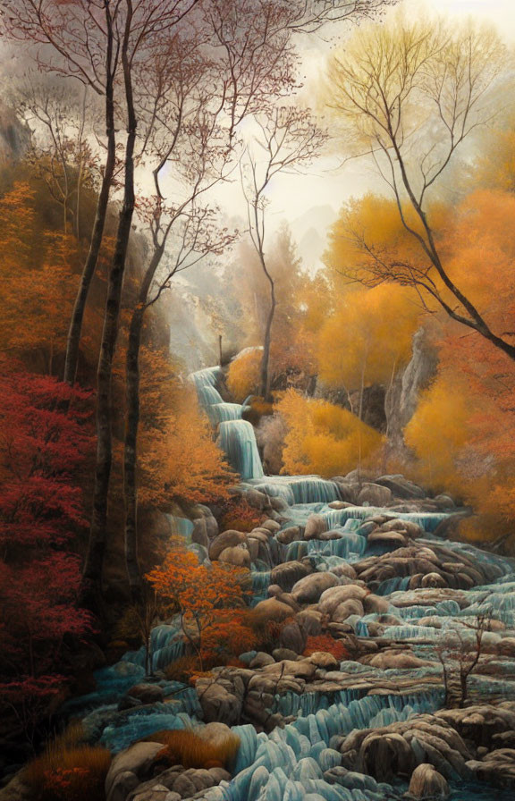 Tranquil forest with autumn trees and turquoise waterfalls