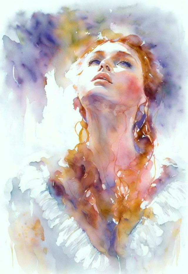 Ethereal watercolor painting of woman with red hair in soft light