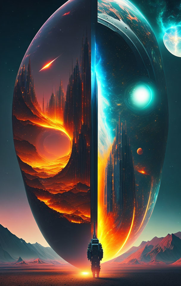 Futuristic landscape with towering structure and split glowing planet