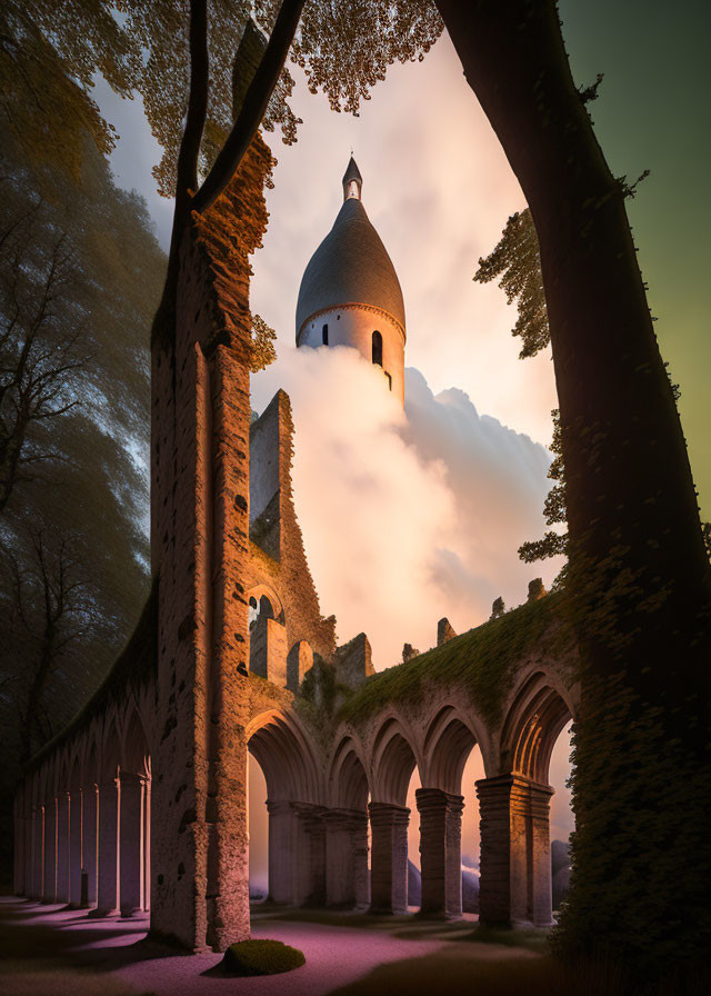 Pointed dome tower above ancient colonnade in dusk scene