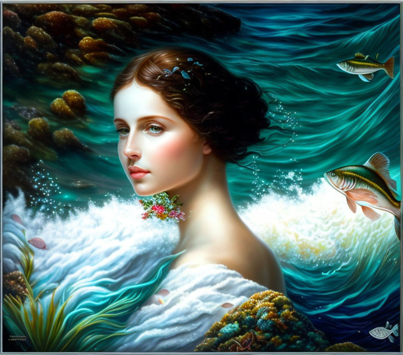 Woman with floral adornment floating in water with colorful fish, coral, and waves.