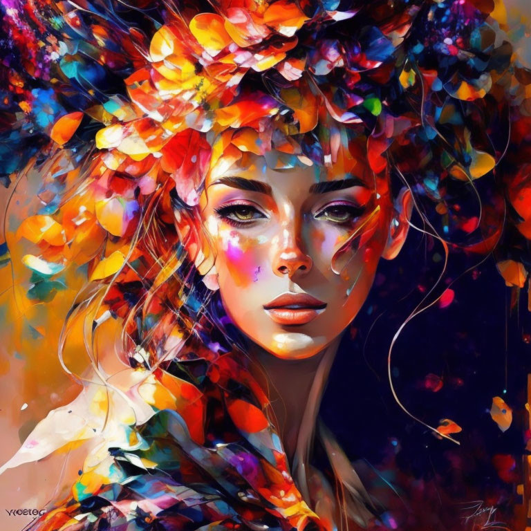 Colorful digital painting of a woman with flower-like brush strokes in her hair