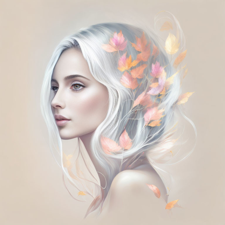 Digital portrait: Woman with pale skin, white hair, and autumn leaves in flowing hairstyle