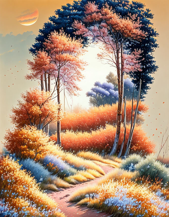 Scenic autumn pathway with vibrant trees under soft sunset sky