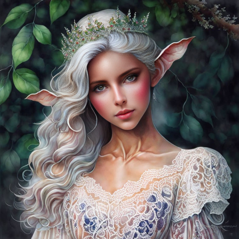 Ethereal female character with tiara and lace dress in digital artwork