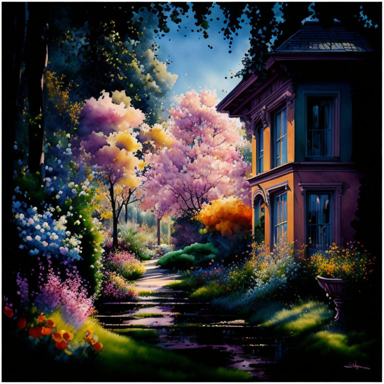 Colorful painting of a cozy house amid lush gardens and blooming trees at twilight