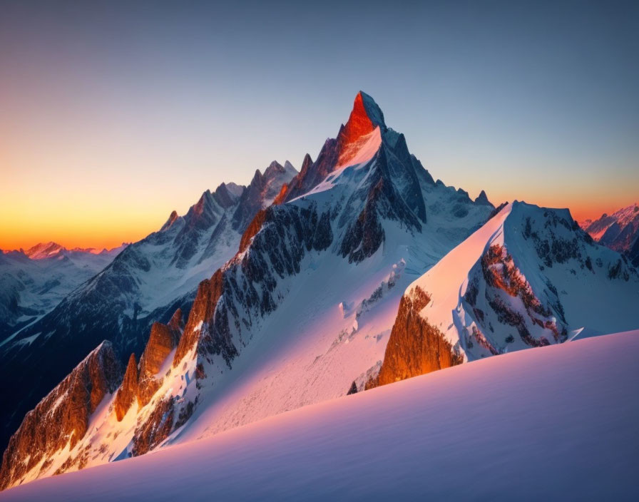 Snow-covered mountain range at sunrise with warm orange glow on peaks